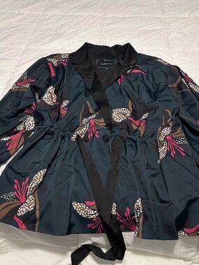 Eloquii Teal Floral Blazer with Black Trim and Pink Accents